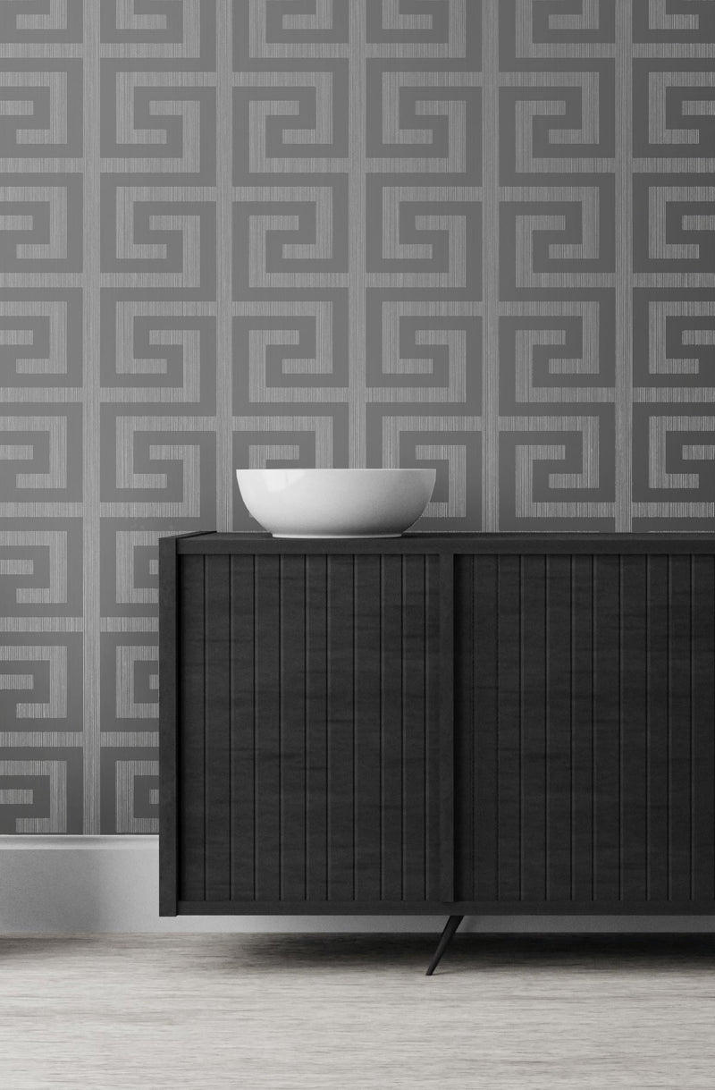 media image for Greek Key Wallpaper in Silver and Earl Grey from the Essential Textures Collection by Seabrook Wallcoverings 269