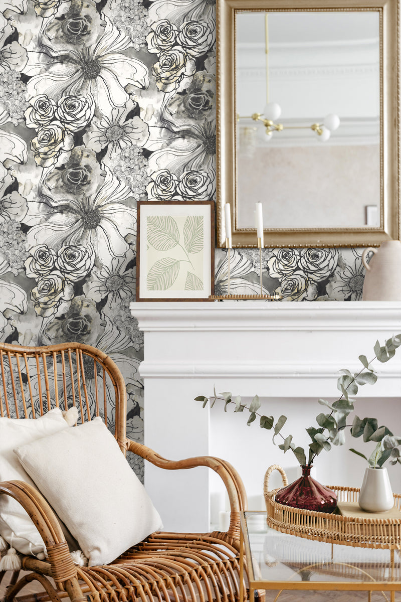 media image for Ink Rose Peel-and-Stick Wallpaper in Onyx by Harry & Grace 248