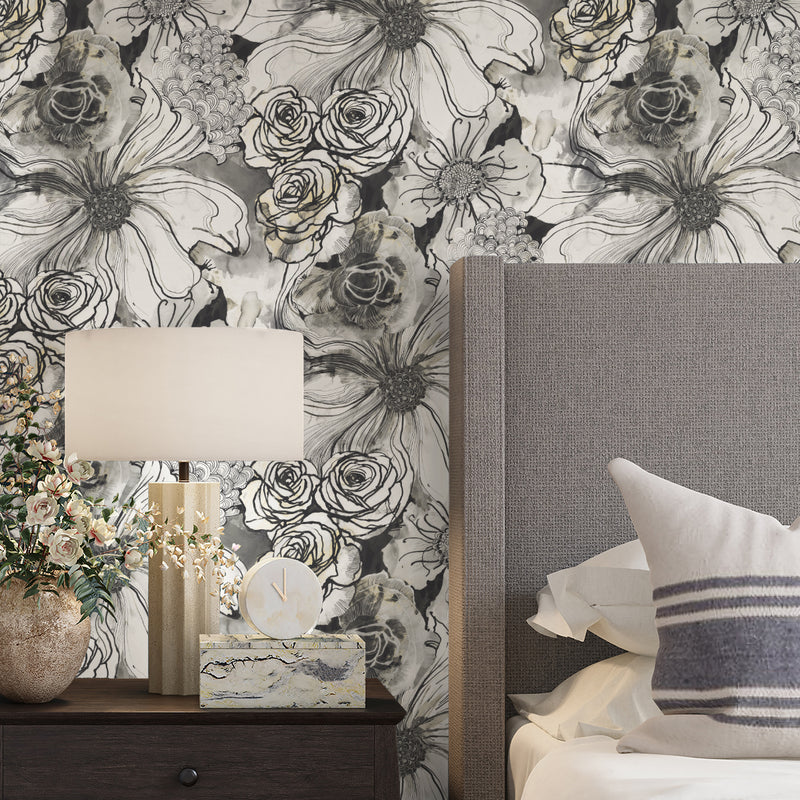 media image for Ink Rose Peel-and-Stick Wallpaper in Onyx by Harry & Grace 272