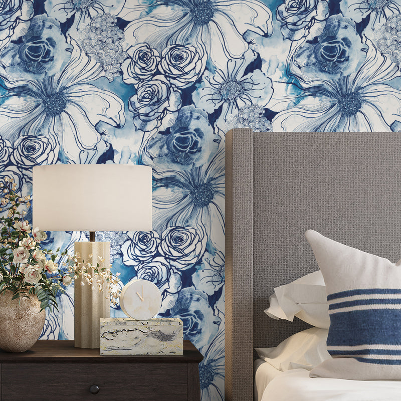 media image for Ink Rose Peel-and-Stick Wallpaper in Celtic Blue by Harry & Grace 228