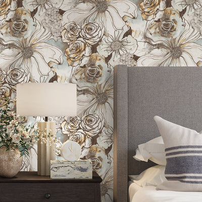 product image for Ink Rose Peel-and-Stick Wallpaper in Mocha/Blue Mist by Harry & Grace 17