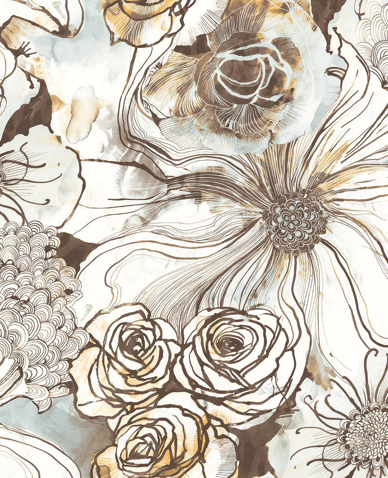 media image for Ink Rose Peel-and-Stick Wallpaper in Mocha/Blue Mist by Harry & Grace 210