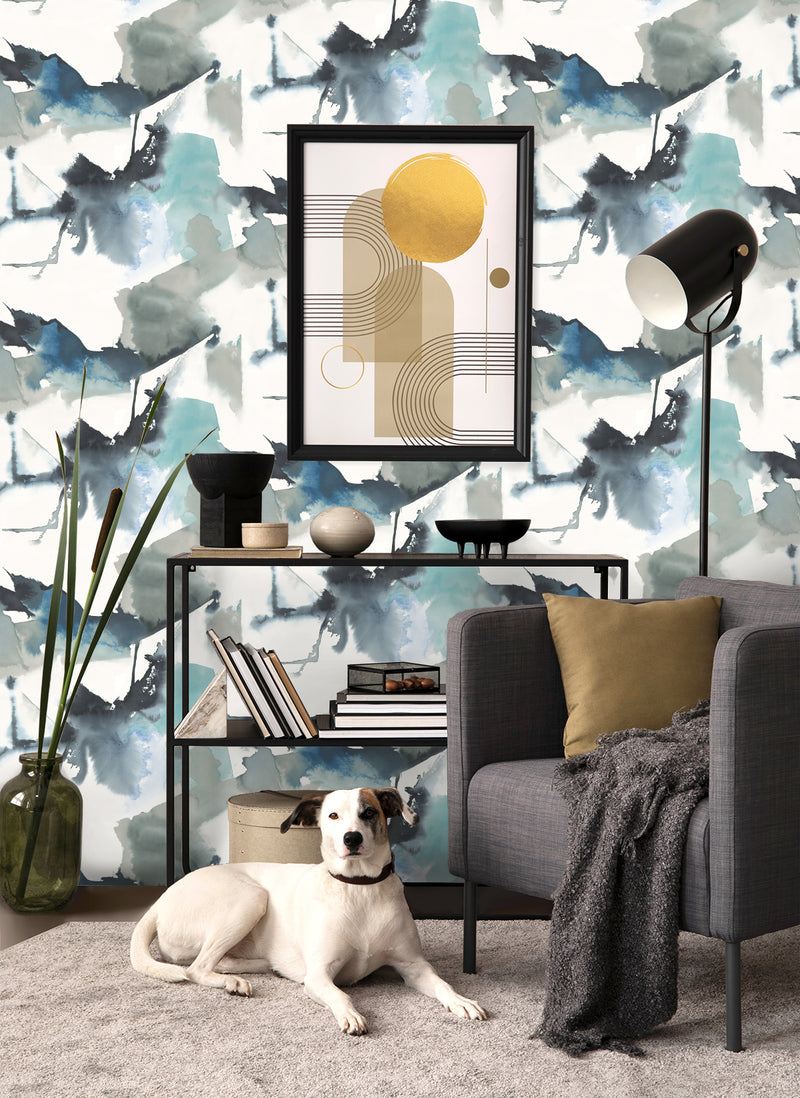 media image for Watercolor Block Peel-and-Stick Wallpaper in Blue Lagoon by Harry & Grace 261