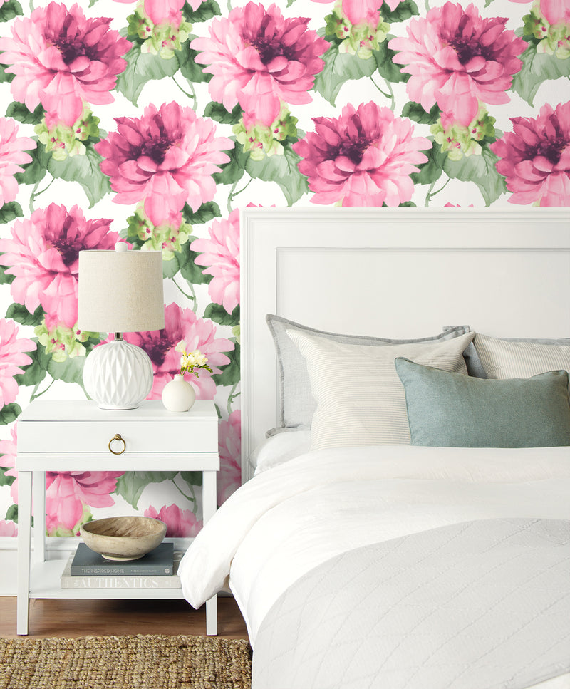 media image for Watercolor Floral Peel-and-Stick Wallpaper in Cerise Pink/Evergreen by Harry & Grace 276