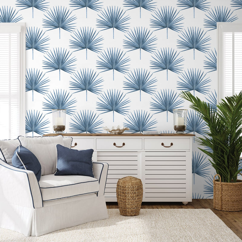 media image for Pacific Palm Peel & Stick Wallpaper in Coastal Blue 239