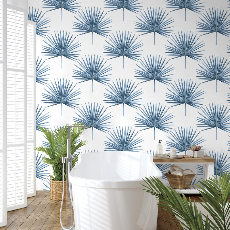 media image for Pacific Palm Peel & Stick Wallpaper in Coastal Blue 270