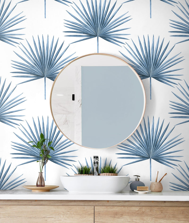 media image for Pacific Palm Peel & Stick Wallpaper in Coastal Blue 229