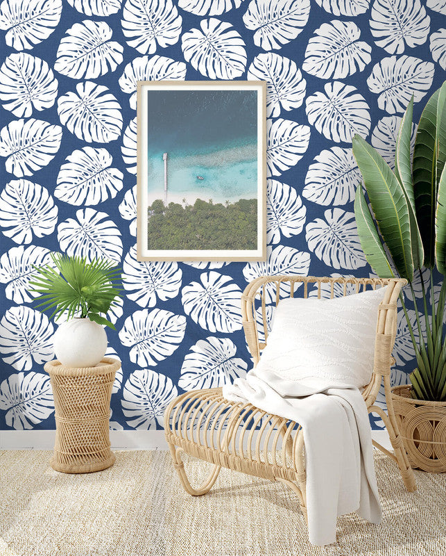 media image for Monstera Leaf Peel & Stick Wallpaper in Blue 213