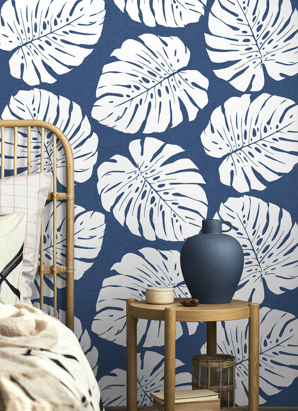 media image for Monstera Leaf Peel & Stick Wallpaper in Blue 263