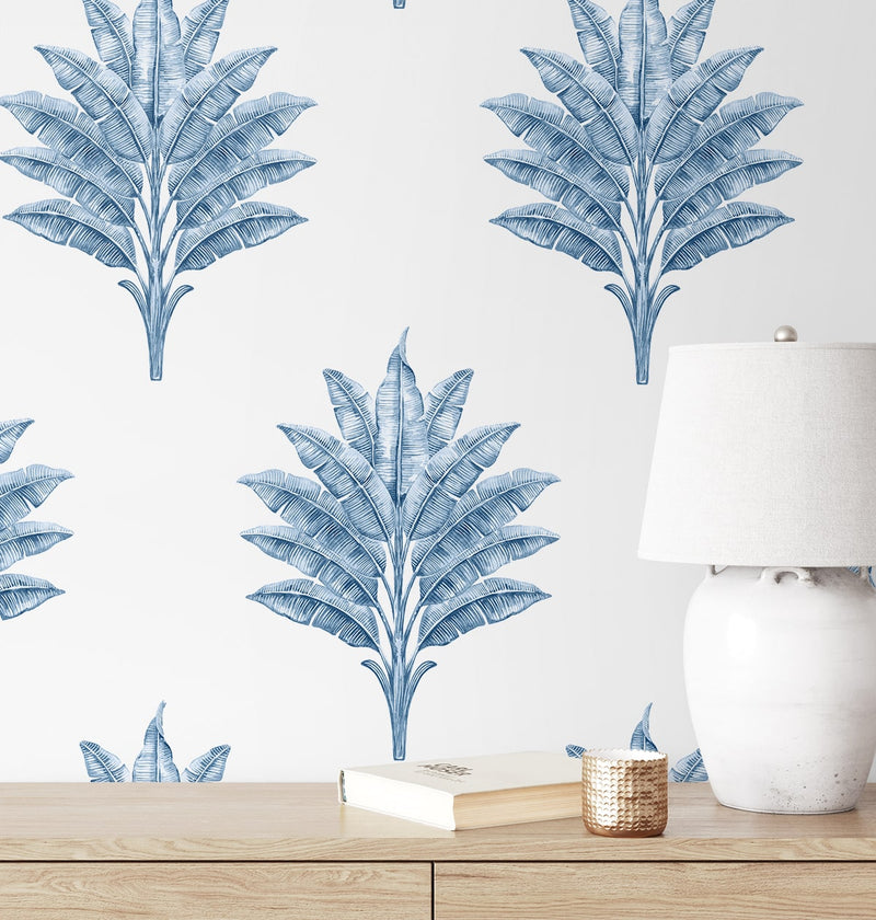 media image for Sea Breeze Palm Peel & Stick Wallpaper in Coastal Blue 277