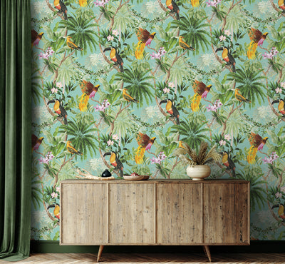 product image for Tropical Bird Peel & Stick Wallpaper in Aqua 71