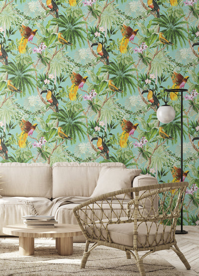 product image for Tropical Bird Peel & Stick Wallpaper in Aqua 96