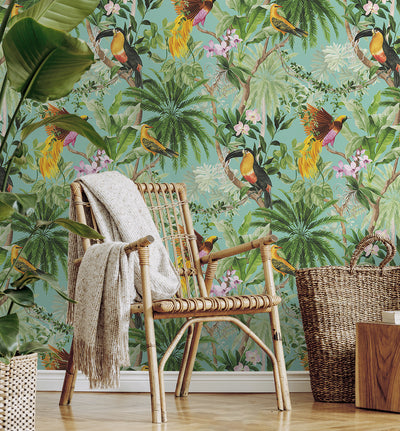 product image for Tropical Bird Peel & Stick Wallpaper in Aqua 88