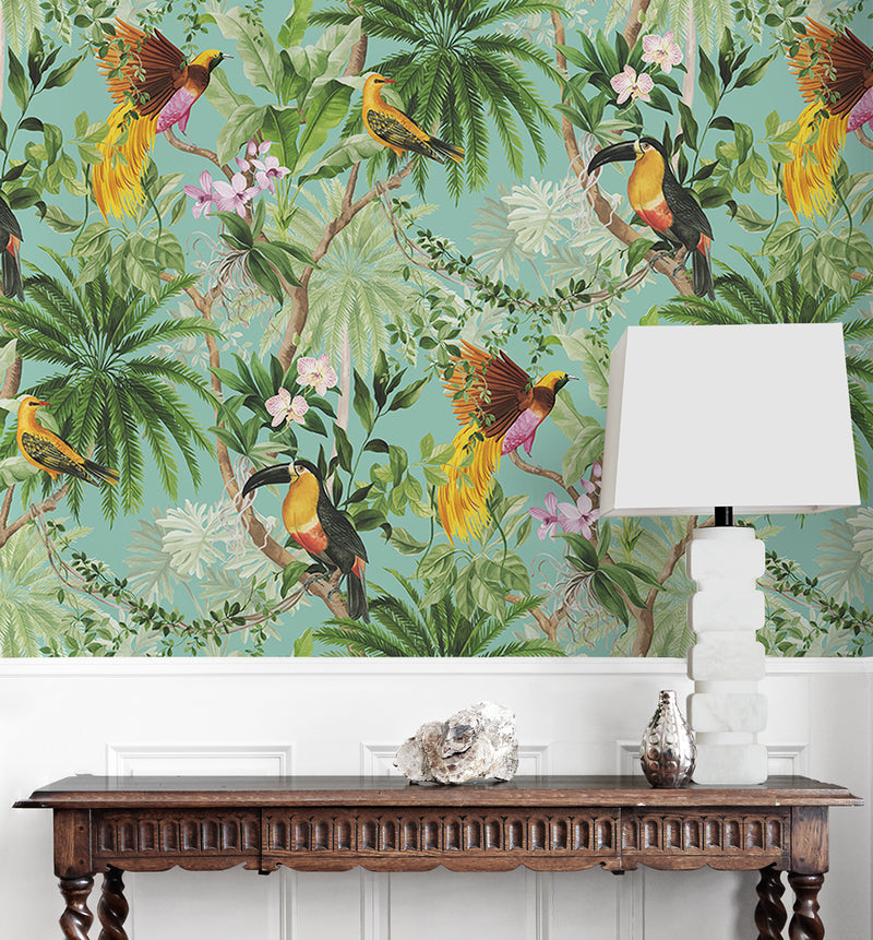 media image for Tropical Bird Peel & Stick Wallpaper in Aqua 275