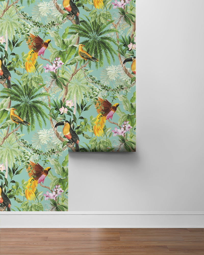 media image for Tropical Bird Peel & Stick Wallpaper in Aqua 264