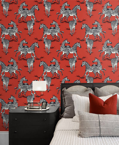 product image for Playful Zebras Peel & Stick Wallpaper in Red 63