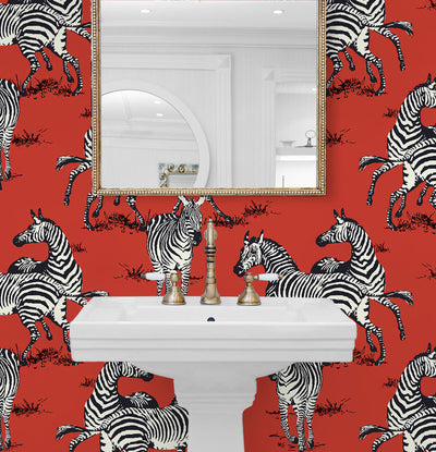 product image for Playful Zebras Peel & Stick Wallpaper in Red 3