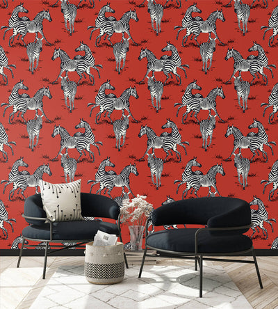 product image for Playful Zebras Peel & Stick Wallpaper in Red 19