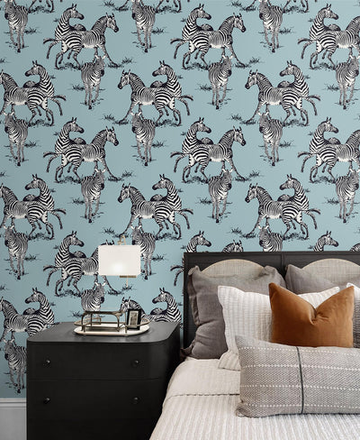 product image for Playful Zebras Peel & Stick Wallpaper in Light Blue 11