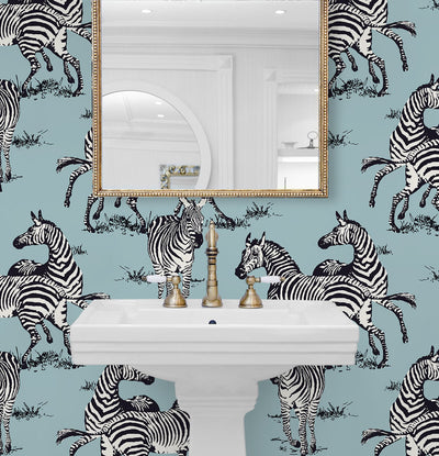 product image for Playful Zebras Peel & Stick Wallpaper in Light Blue 75