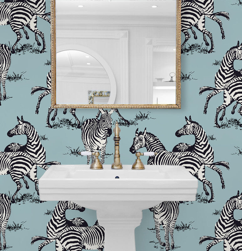 media image for Playful Zebras Peel & Stick Wallpaper in Light Blue 230