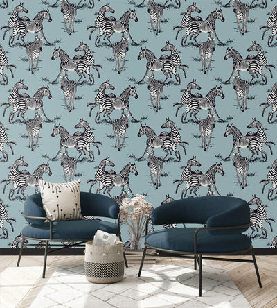 product image for Playful Zebras Peel & Stick Wallpaper in Light Blue 33