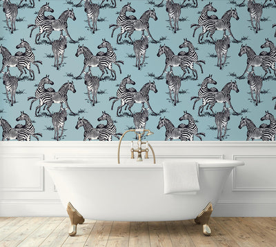 product image for Playful Zebras Peel & Stick Wallpaper in Light Blue 89