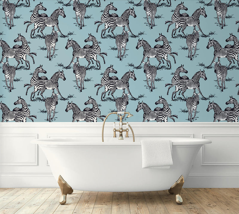 media image for Playful Zebras Peel & Stick Wallpaper in Light Blue 210