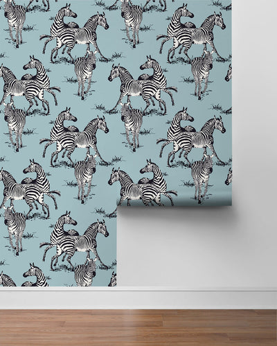 product image for Playful Zebras Peel & Stick Wallpaper in Light Blue 33