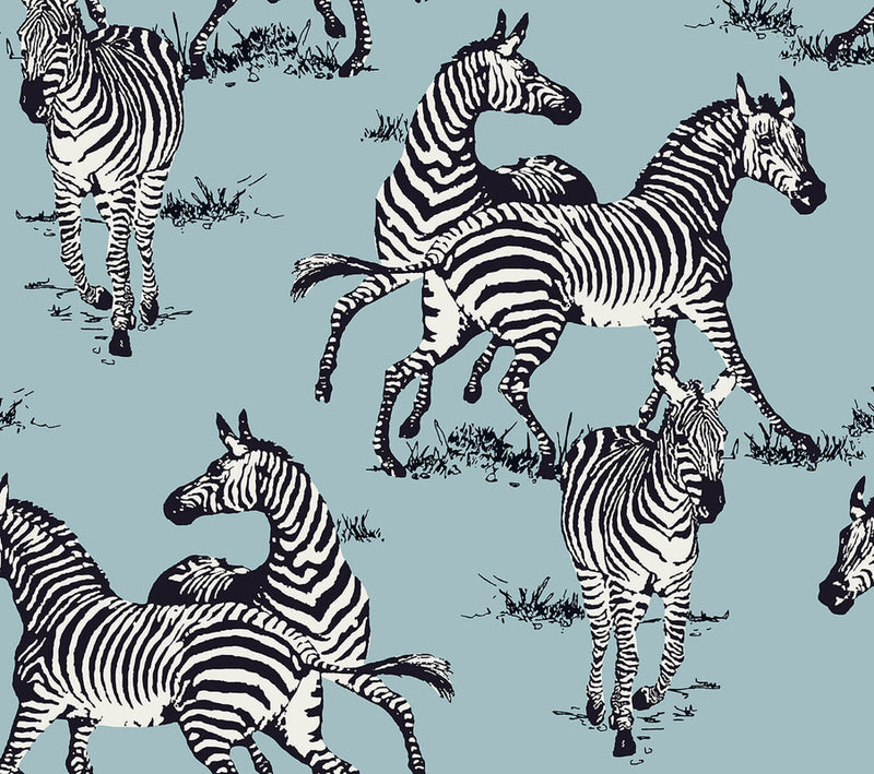 media image for Playful Zebras Peel & Stick Wallpaper in Light Blue 267