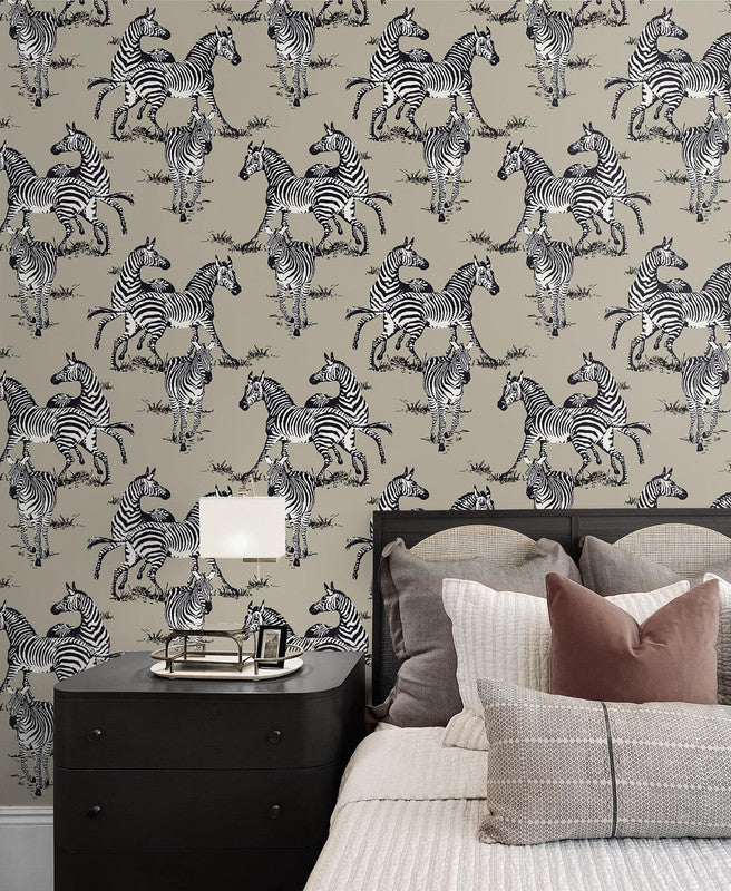 media image for Playful Zebras Peel & Stick Wallpaper in Pavestone 280