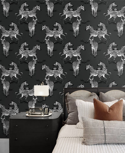 product image for Playful Zebras Peel & Stick Wallpaper in Charcoal 54