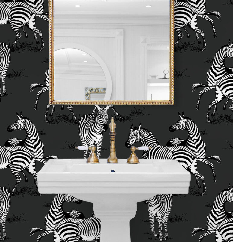 media image for Playful Zebras Peel & Stick Wallpaper in Charcoal 231