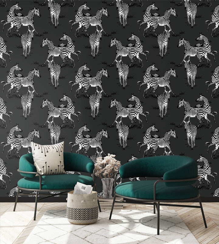 media image for Playful Zebras Peel & Stick Wallpaper in Charcoal 239