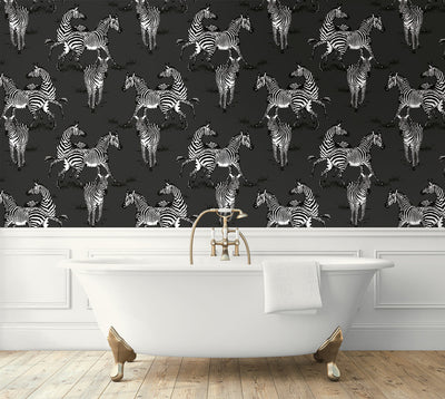 product image for Playful Zebras Peel & Stick Wallpaper in Charcoal 98