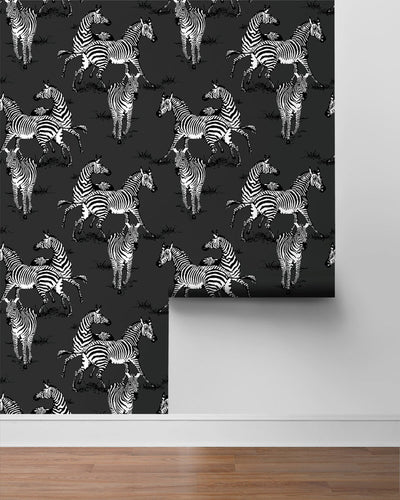 product image for Playful Zebras Peel & Stick Wallpaper in Charcoal 18