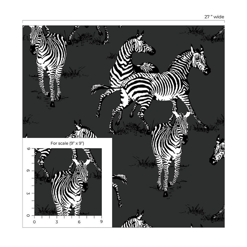 media image for Playful Zebras Peel & Stick Wallpaper in Charcoal 256