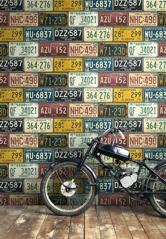 media image for License Plates Peel & Stick Wallpaper in Mutlicolored 289