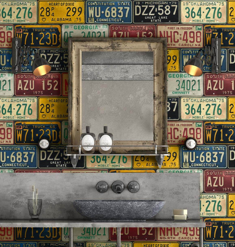 media image for License Plates Peel & Stick Wallpaper in Mutlicolored 211