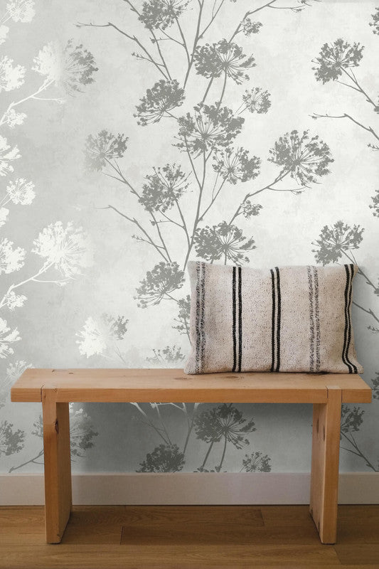 media image for Dandelion Floral Peel & Stick Wallpaper in Metallic Silver 217