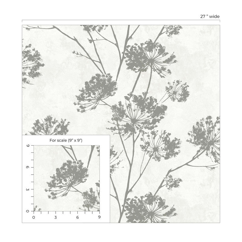 media image for Dandelion Floral Peel & Stick Wallpaper in Metallic Silver 234