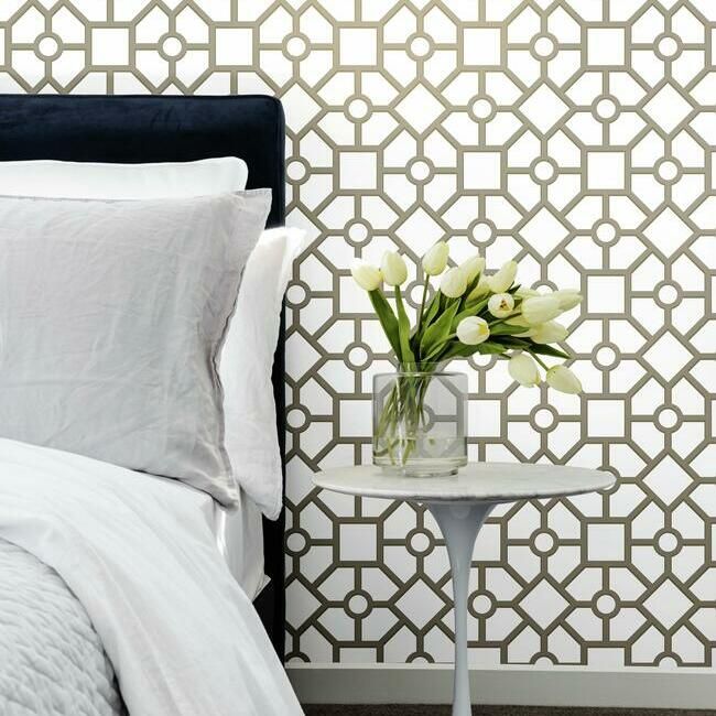 media image for Hedgerow Trellis Peel & Stick Wallpaper in Taupe and Gold by York Wallcoverings 20