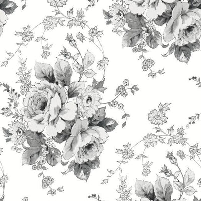 product image of Heritage Rose Wallpaper in White and Black from the Simply Farmhouse Collection by York Wallcoverings 555