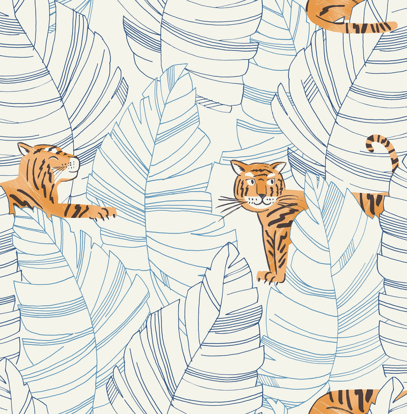 media image for Hiding Tigers Wallpaper in Orange and Sky Blue from the Day Dreamers Collection by Seabrook Wallcoverings 258