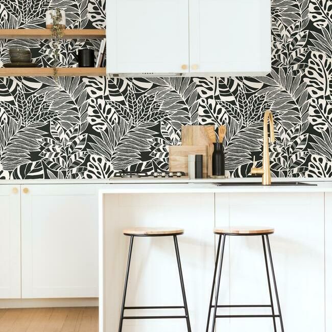media image for Jungle Leaves Wallpaper in Black and White from the Silhouettes Collection by York Wallcoverings 24