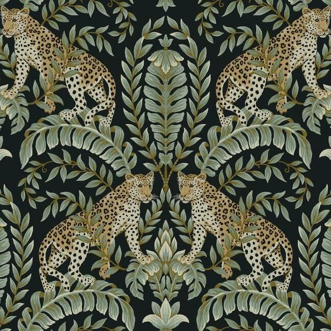 media image for Jungle Leopard Wallpaper in Black and Green from the Ronald Redding 24 Karat Collection by York Wallcoverings 274