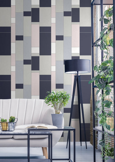 product image for De Stijl Geometric Wallpaper in Indigo and Metallic Silver from the Mondrian Collection by Seabrook 91