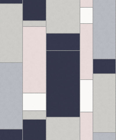 product image of De Stijl Geometric Wallpaper in Indigo and Metallic Silver from the Mondrian Collection by Seabrook 542