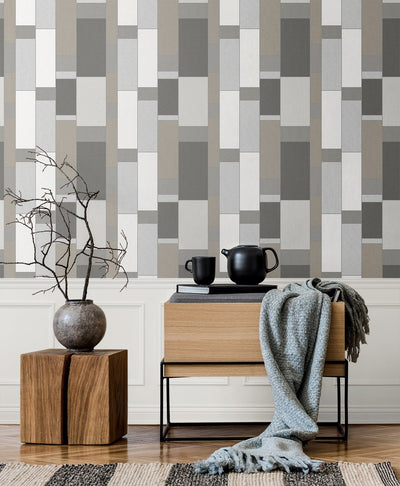 product image for De Stijl Geometric Wallpaper in Hammered Steel and Metallic Silver from the Mondrian Collection by Seabrook 6