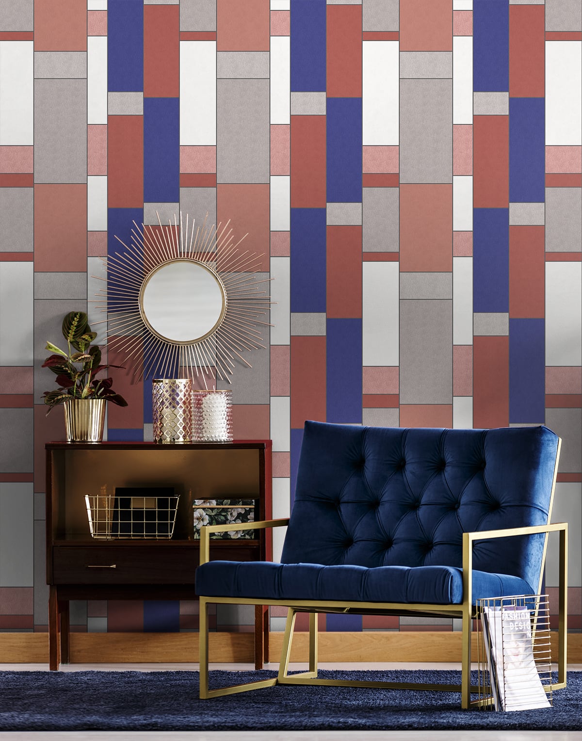 Shop De Stijl Geometric Wallpaper in Cobalt and Red Brick from the ...